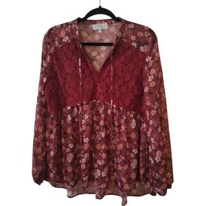 Live & let Live Burgundy Floral Lace Peasant Tunic